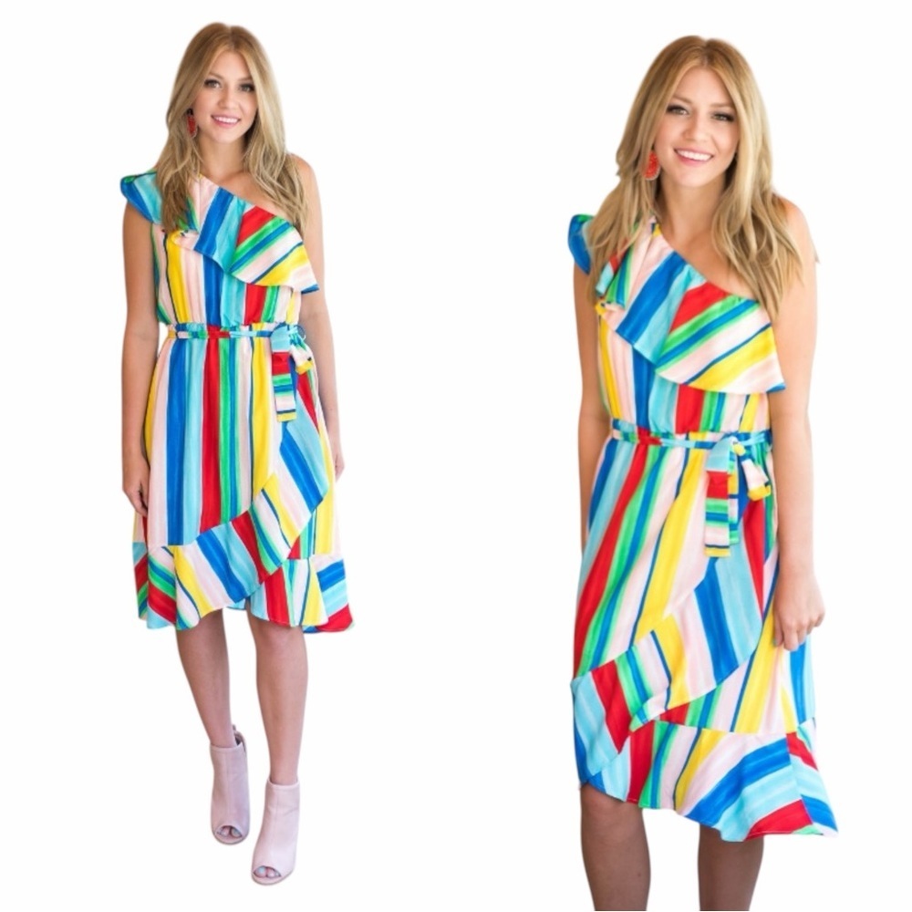 Rainbow Ruffle One Shoulder Stripe Midi Dress Cali Girl Dopamine Dressing M - Picture 8 of 14